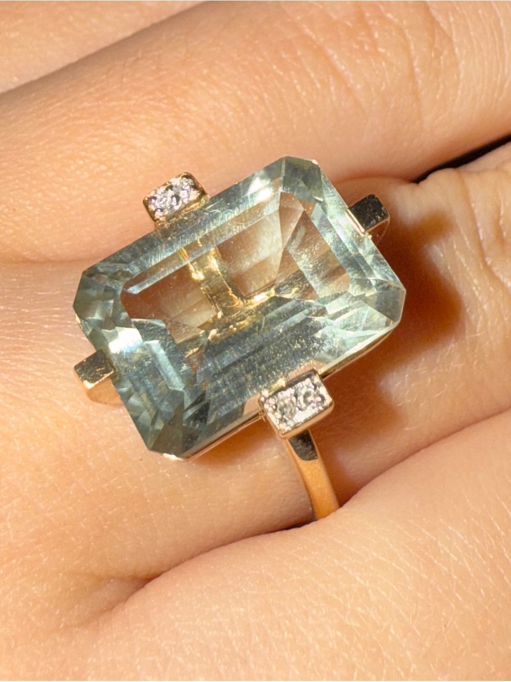 Aquamarine Emerald-Cut Ring with Diamond Accents - Light Blue - Picture 4 of 14